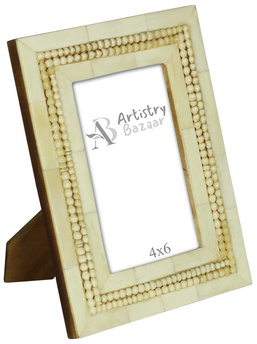Off-White 4x6 Inches Picture Frame in Bulk - Wholesale Handmade Photo Frame in MDF and Bone Inlay with Beads - Home Decor Picture Frames from India