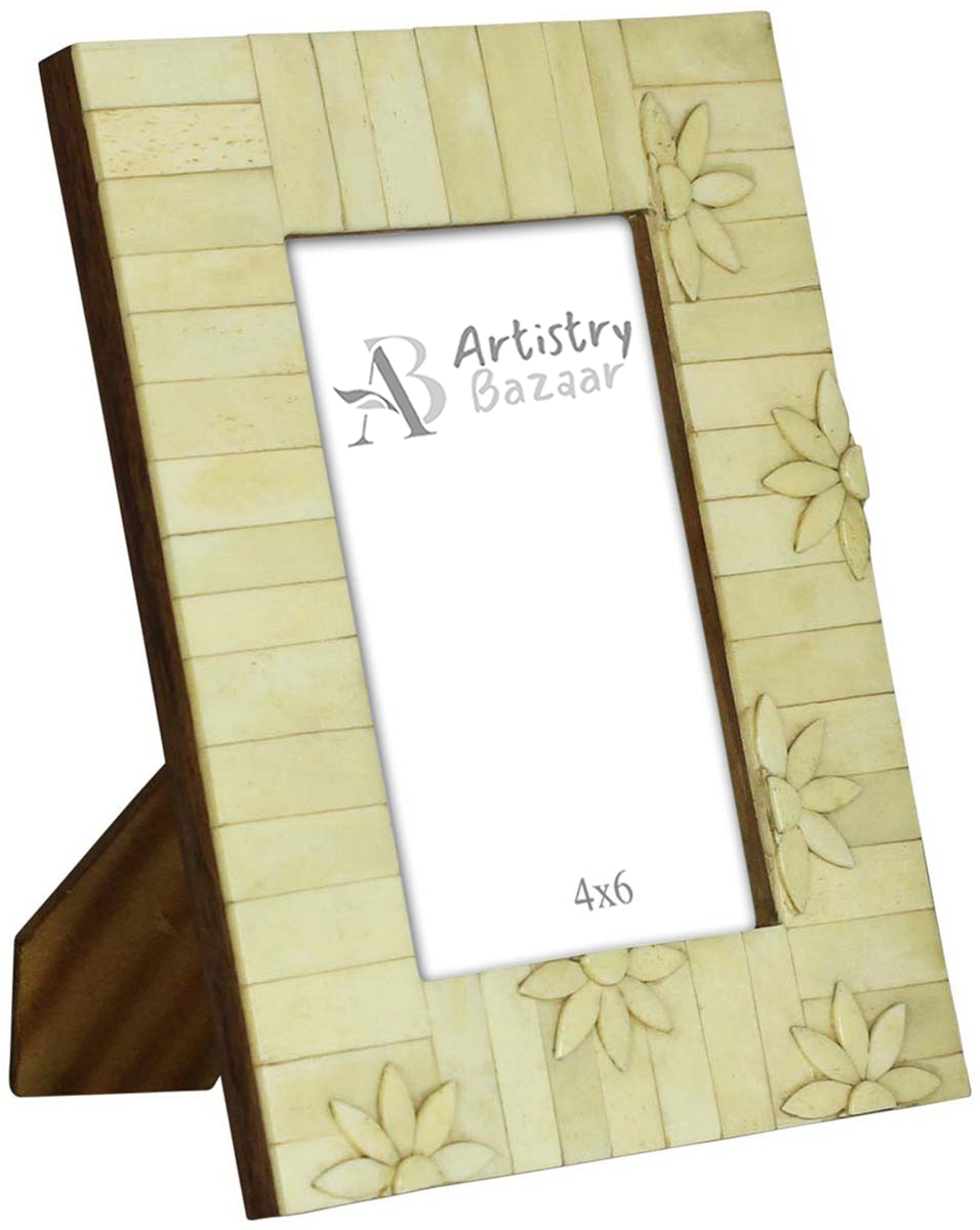 4x6 Inches Picture Frame in Bulk - Wholesale Handcrafted Off-White Photo Frame in MDF & Bone with Floral Pattern - Home Decor Picture Frames from India