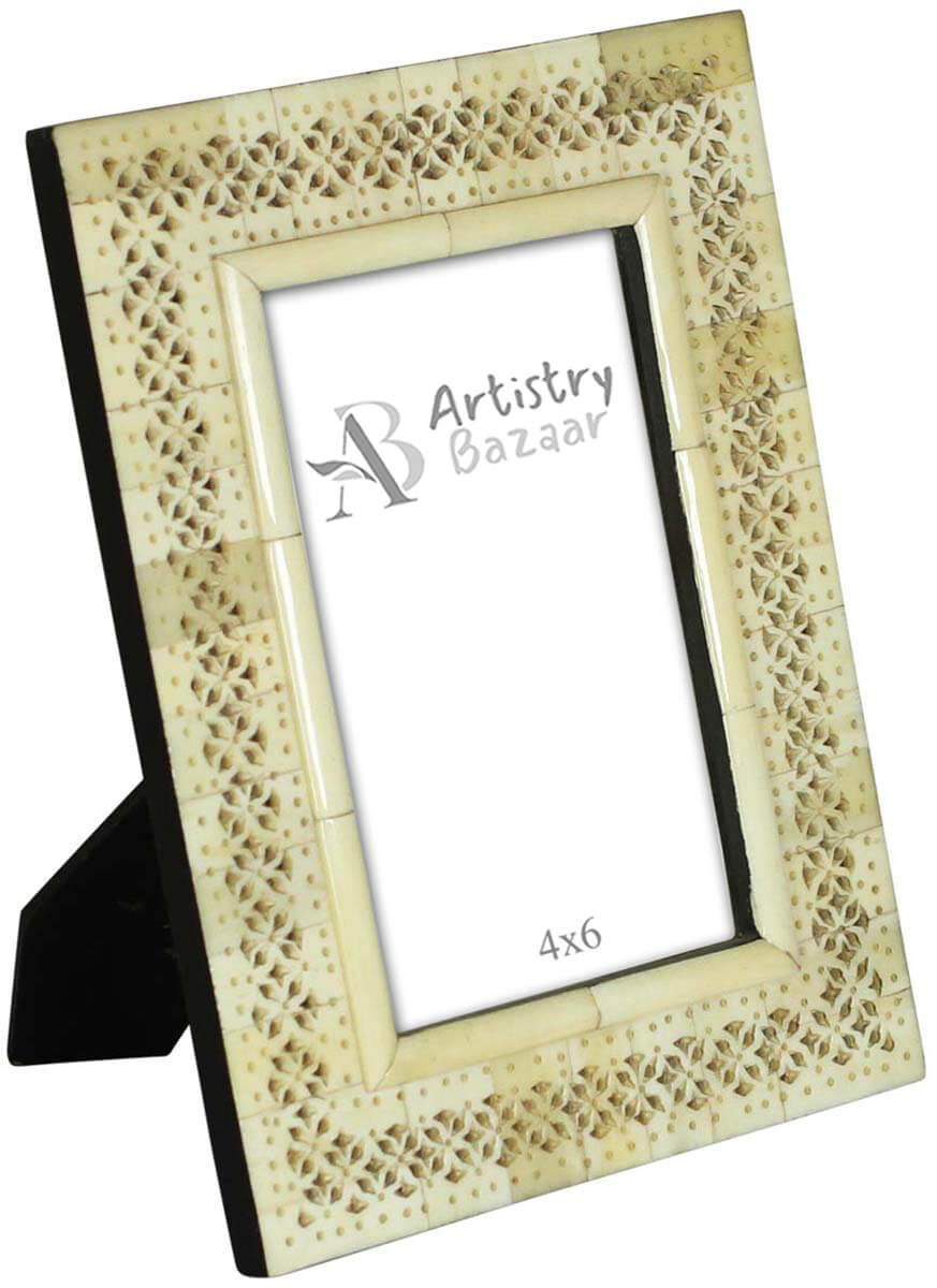 Wholesale 4x6” Picture Frame in Bulk - Wholesale Handmade Photo Frame in MDF and Bone Inlay Pattern with Piercing in Floral Pattern - Organic Home Decor Picture Frames/Accessories from India
