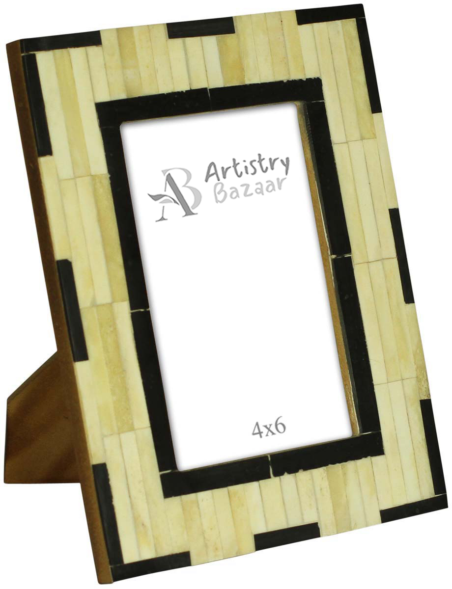 Wholesale 4x6” Off-White & Black Picture Frame in Bulk - Wholesale Handmade Tiled Photo Frame in MDF and Bone Inlay - Organic Home Decor Picture Frames/Accessories from India