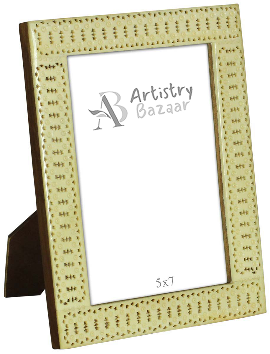 Off-White 5x7” Photo Picture Frame in Wholesale - Bulk Buy Handmade MDF and Bone Inlay Photo Frame with Bone Piercing - Home Decor Picture Frames/Accessories from India