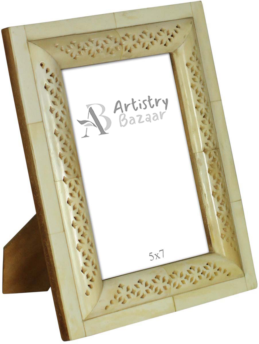 Wholesale 5x7” Off-White Picture Frame in Bulk - Wholesale Handmade Tiled Photo Frame in MDF and Bone Inlay - Organic Home Decor Picture Frames/Accessories from India