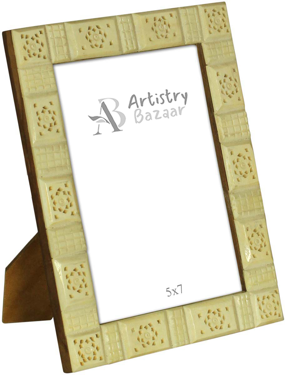 Bulk Buy 5x7” Off-White Picture Frame in Wholesale - Handmade Tiled Pierced Photo Frame in MDF and Bone Inlay - Home Decor Picture Frames/Accessories from India
