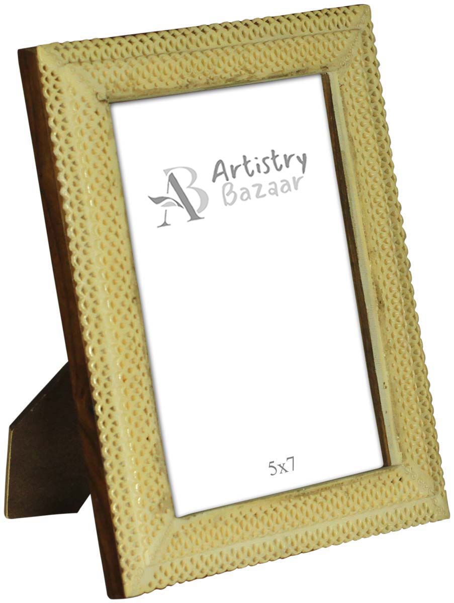 Bulk Buy Handmade 5x7” Off-White Picture Frame in Wholesale - Handmade Tiled MDF and Bone Inlay Photo Frame with Bone Piercing in Spirals Pattern - Home Decor Picture Frames/Accessories from India