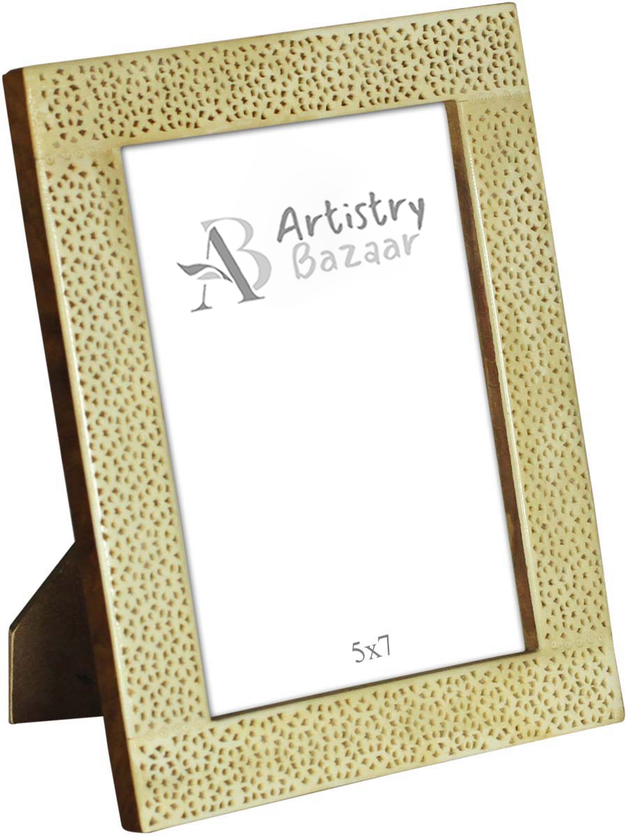 Off-White 5x7” Photo Picture Frame in Wholesale - Bulk Buy Handmade MDF and Bone Inlay Photo Frame with Bone Piercing in Floral Pattern - Home Decor Picture Frames/Accessories from India