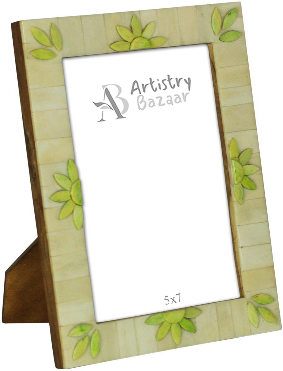 Wholesale Off-White 5x7” Floral Pattern Picture Frame in Bulk - Wholesale Handmade Tiled Photo Frame in MDF and Bone Inlay - Organic Home Decor Picture Frames/Accessories from India