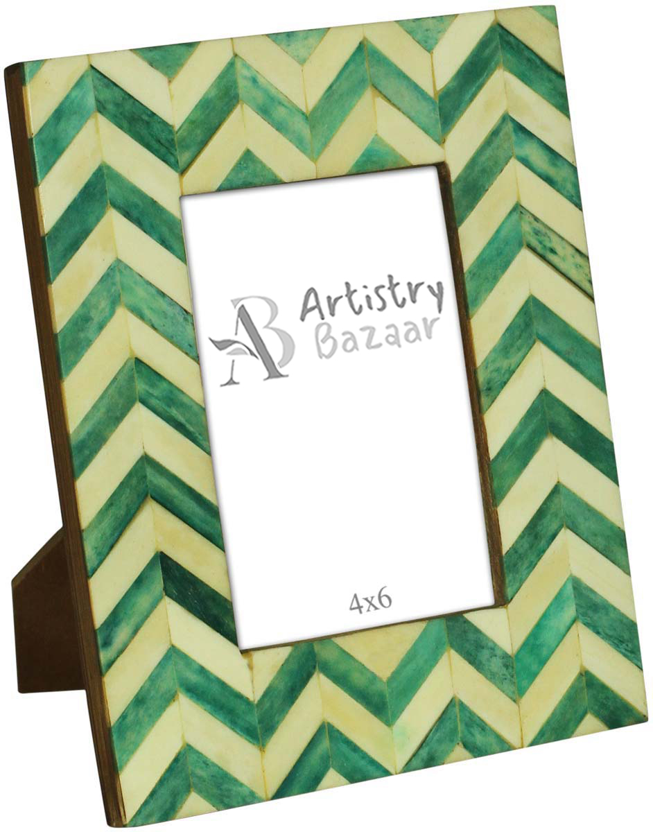 4 x 6” Handmade Chevron Pattern Picture Frame In Bulk - Green and Off-White Colored Photo Frame - Natural Bone & MDF - Wholesale Home Decor Accessories & Gift Ideas