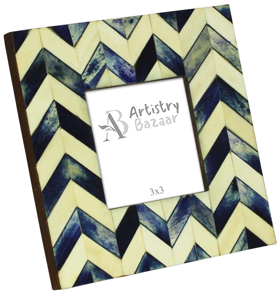 Wholesale Blue and Off-White 3x3” Square Photo Picture Frame in Chevron Pattern - Bulk Source Handmade MDF and Natural Bone Photo Frame - Home Decor Picture Frames/Accessories from India