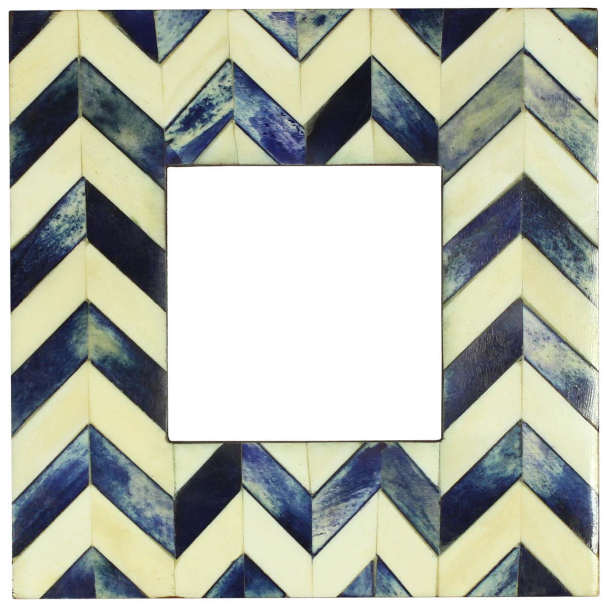Wholesale Blue and Off-White 3x3” Square Photo Picture Frame in Chevron Pattern - Bulk Source Handmade MDF and Natural Bone Photo Frame - Home Decor Picture Frames/Accessories from India