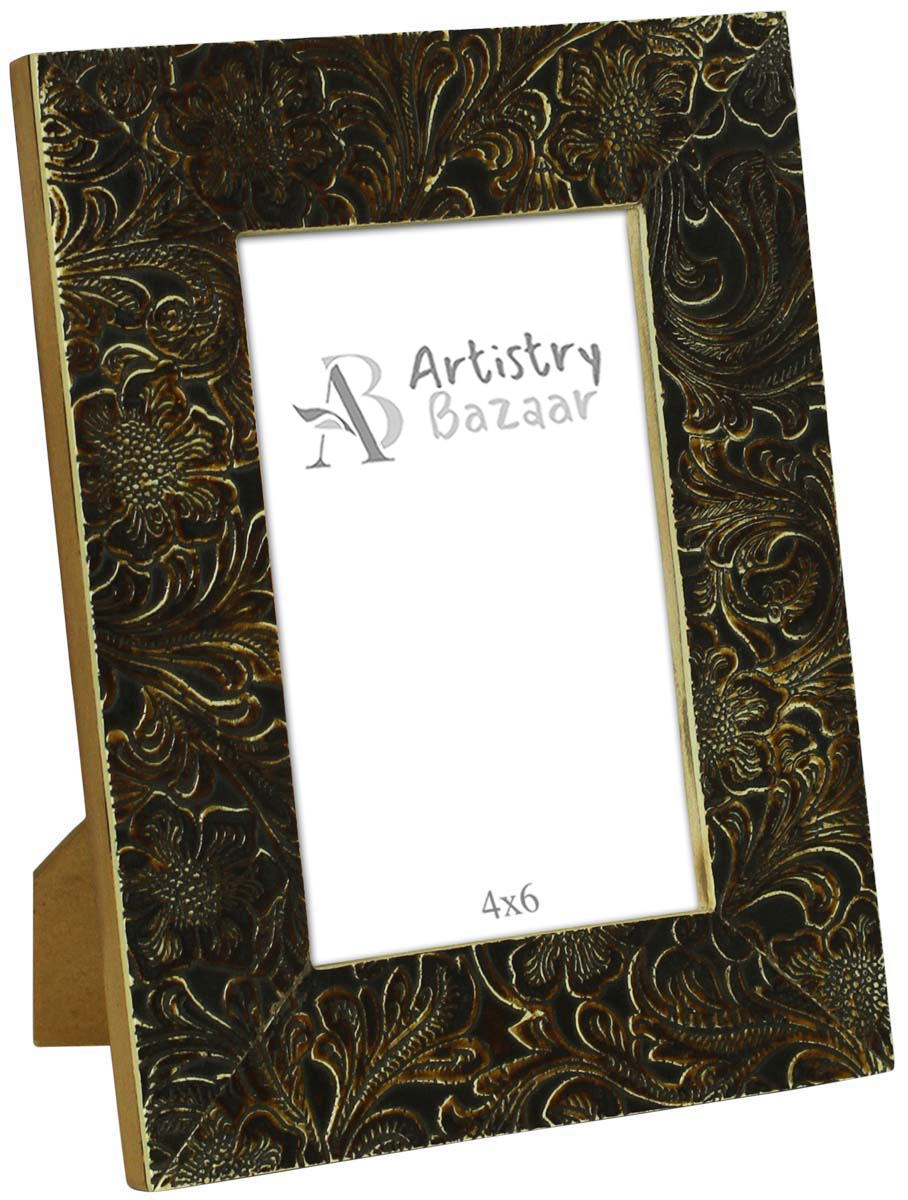 Wholesale Hand-Carved 4x6” Picture/Photo Frame in Bulk - MDF & Natural Bone Picture Frame with Floral Pattern in Dark-Golden Color - Home Decor Accessories & Gifts