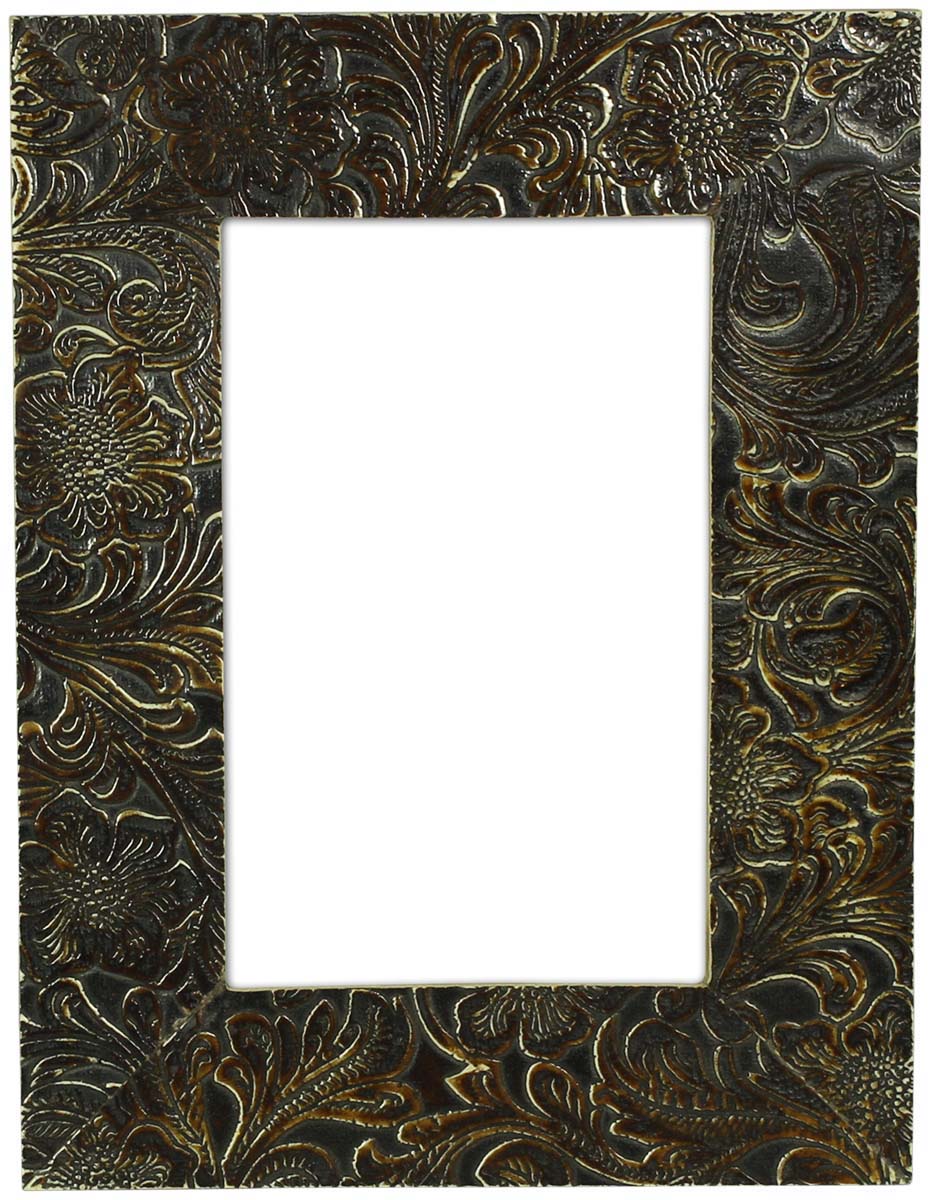 Wholesale Hand-Carved 4x6” Picture/Photo Frame in Bulk - MDF & Natural Bone Picture Frame with Floral Pattern in Dark-Golden Color - Home Decor Accessories & Gifts