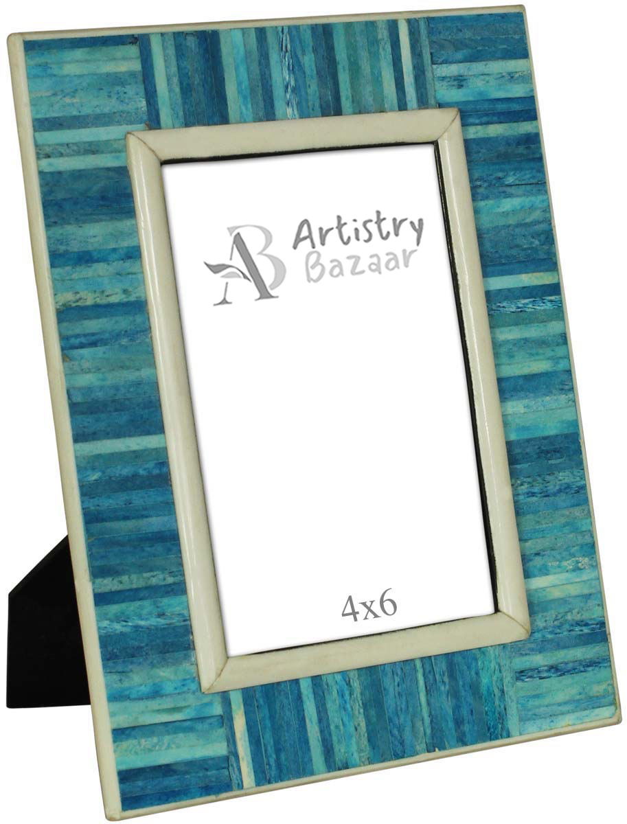 Bulk Buy 4 x 6” Photo/Picture Frame in Dark-Blue & Sky-Blue with Tiled Pattern - Natural Bone & MDF Photo Frame - Wholesale Handmade Home Decor Accessories & Gift Ideas from India