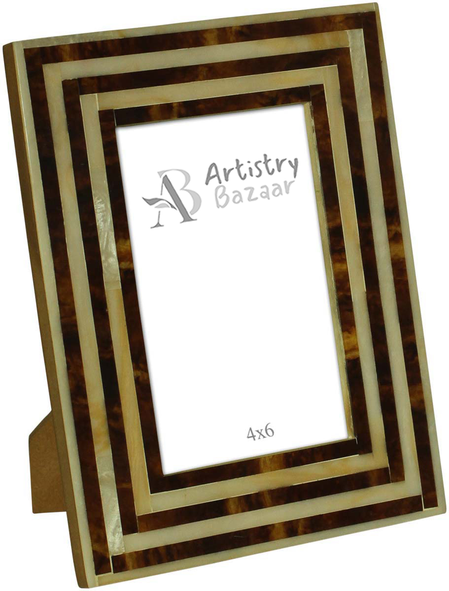 4x6 Inches Black and Silver Brown Picture Frame in Bulk - Wholesale Handcrafted Photo Frame in Natural Bone & MDF with Stripe Pattern - Home Decor Picture Frames from India