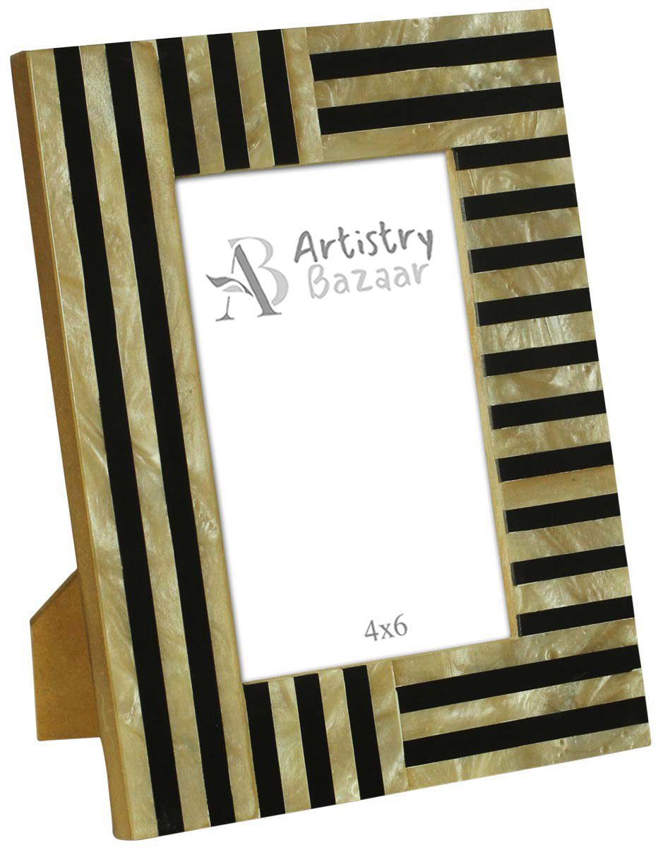 Wholesale 4x6 Inches Black and Silver Brown Picture Frame in Stripe Pattern - Wholesale Handmade Photo Frame in MDF (Compressed-Wood) & Natural Bone - Home Decor Creative Picture Holders/Photo Frames from India