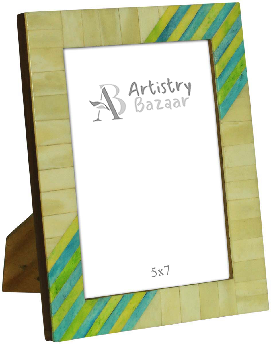 Source Handmade Aqua Green, Blue & Off-White 4x6 Inches Picture Frame in Bulk - Source Handcrafted Photo Frame in MDF & Natural Bone Inlay with Bamboo Work - Home Decor Picture Frames from India