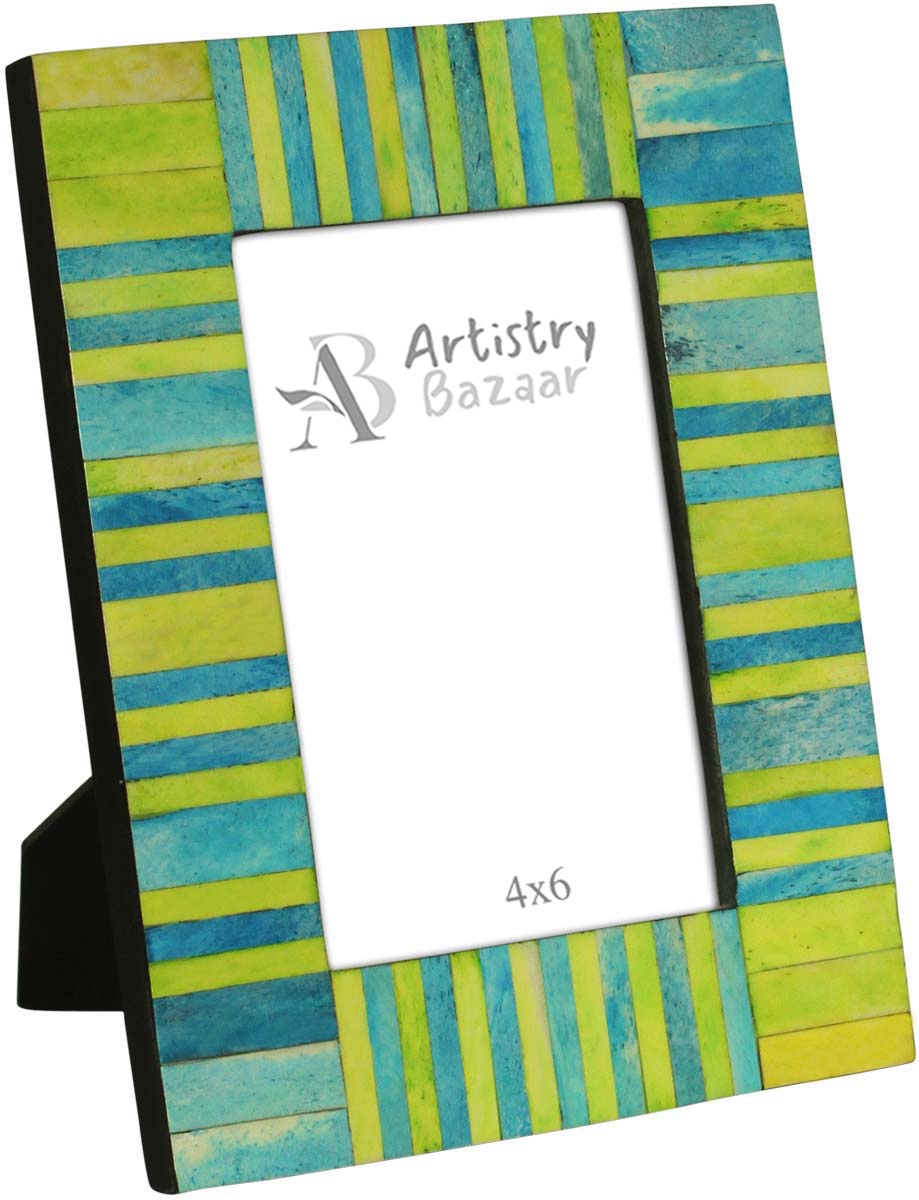 Wholesale 4x6 Inches Picture Frame in Blue & Green Color - Bulk Source Handmade Photo Frame in MDF & Natural Bone Inlay with Tiled Pattern - Home Decor Picture Frames from India