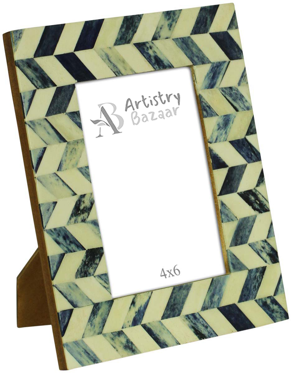 4 x 6” Handmade Chevron Pattern Picture Frame In Bulk - Blue & Off-White Colored Photo Frame - Natural Bone & MDF - Wholesale Home Decor Accessories & Gift Ideas
