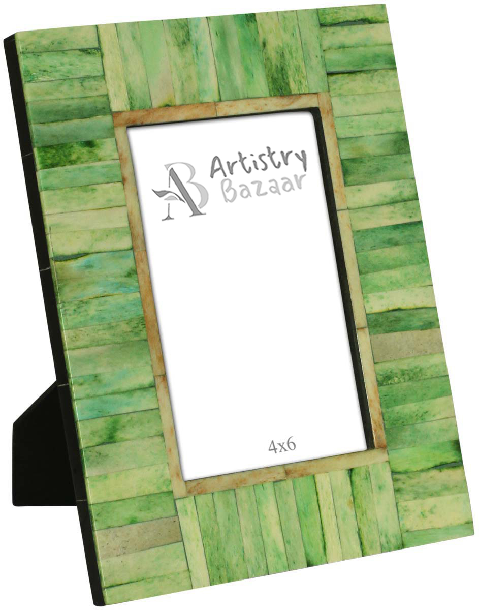 4 x 6” Handmade Picture Frame In Bulk - Bone & MDF Photo Frame - Tonal Green Geometric Rectangular Tiles - Wholesale Home Decor Accessories & Gift Ideas