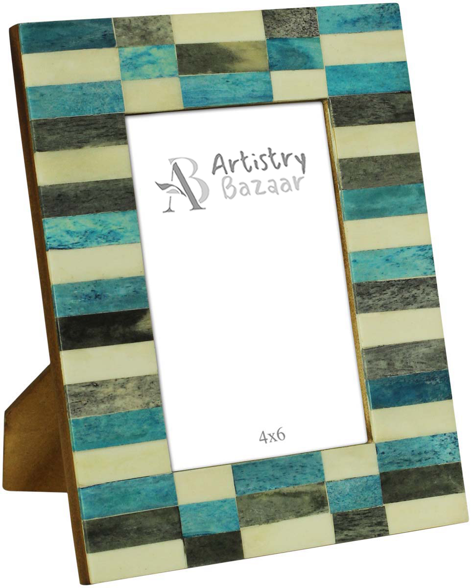 Wholesale 4 x 6” Handmade Chevron Pattern Picture Frame In Bulk - Blue & Grey Colored Photo Frame - Natural Bone & MDF - Wholesale Home Decor Accessories & Gift Ideas