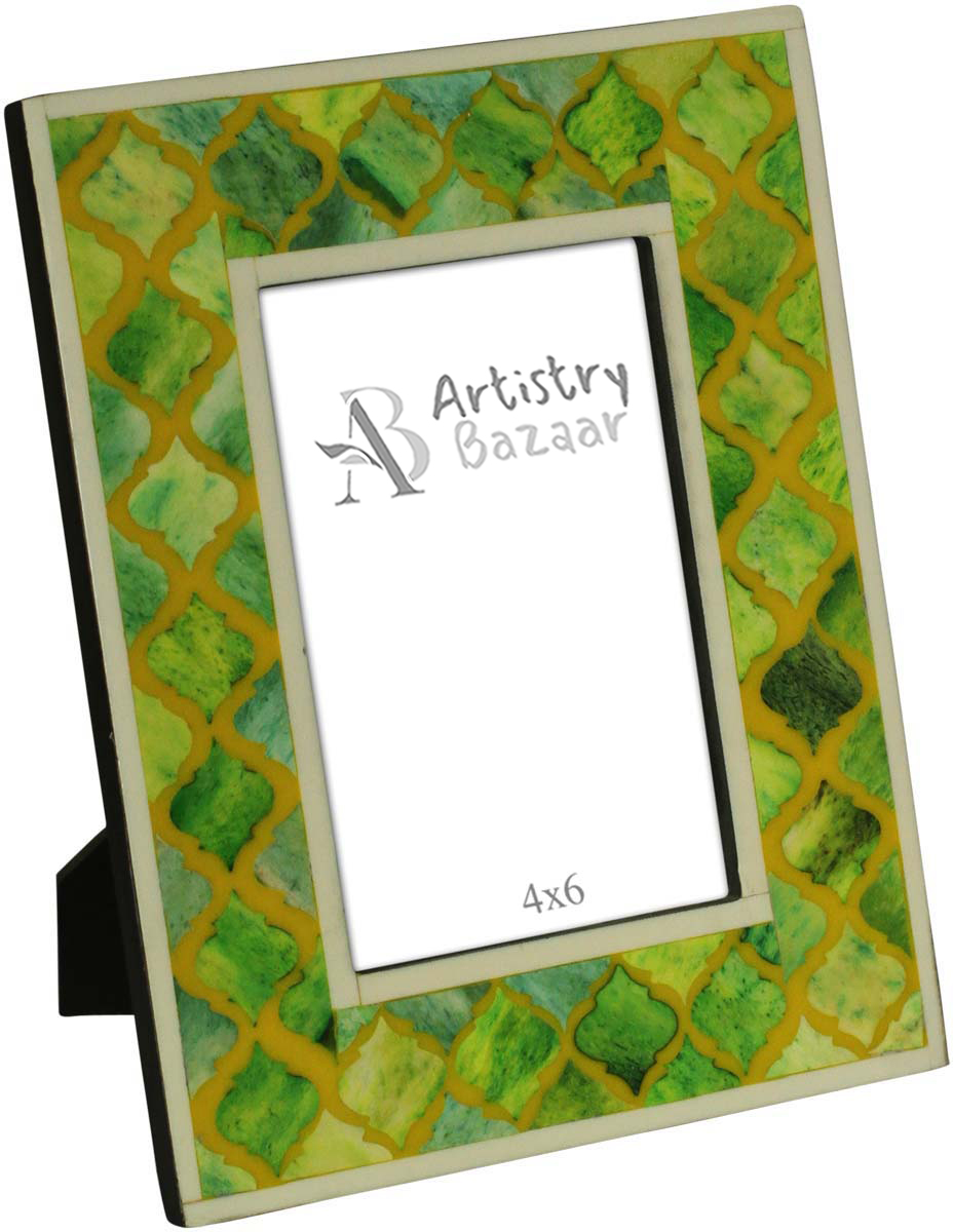 Wholesale 4x6 Inches Picture Frame in Green Color - Bulk Source Handmade Photo Frame in MDF & Natural Bone Inlay with Moroccan Pattern - Home Decor Picture Frames from India