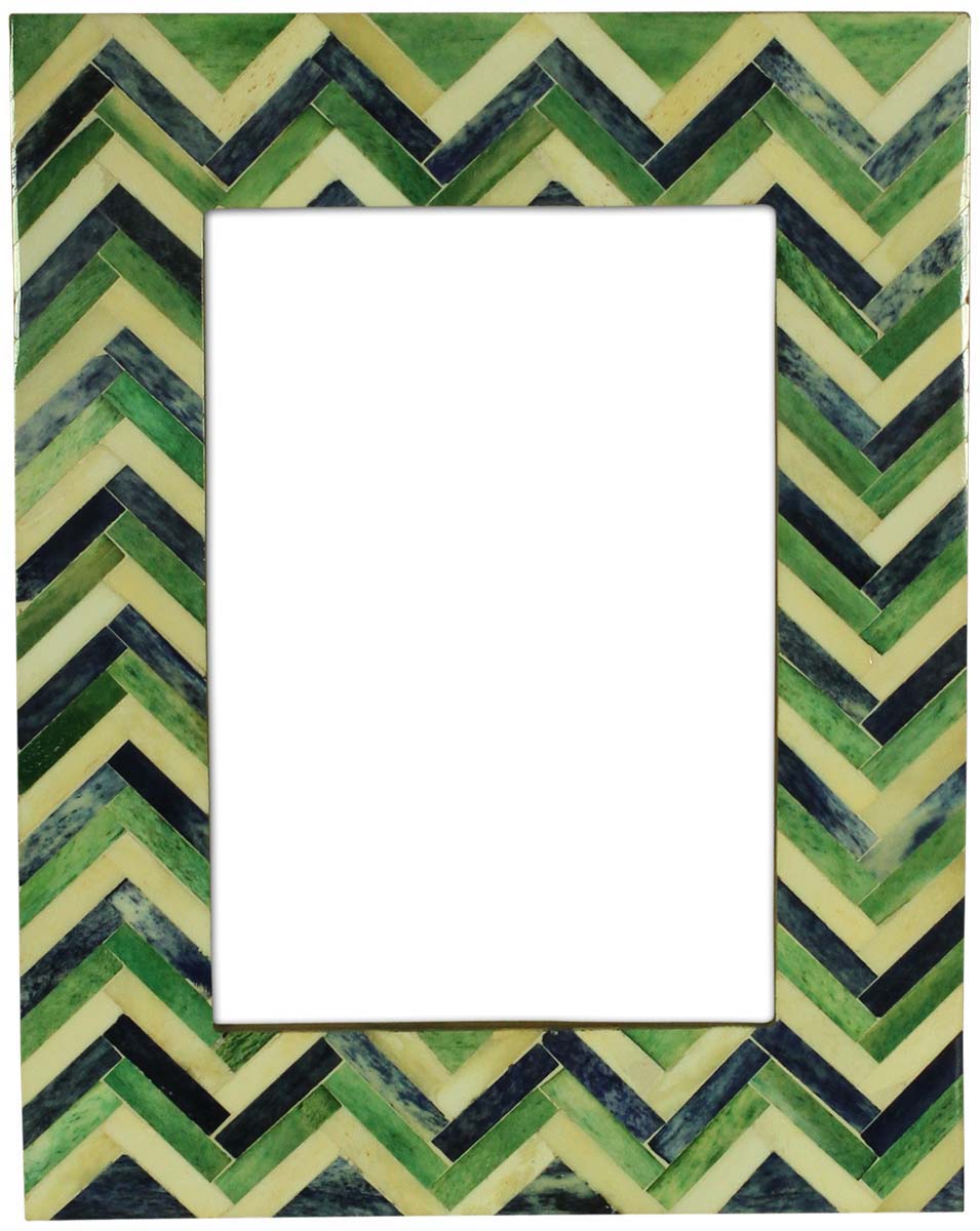 4 x 6” Handmade Chevron Pattern Picture Frame In Bulk - Green & Black Colored Photo Frame - Natural Bone & MDF - Wholesale Home Decor Accessories & Gift Ideas