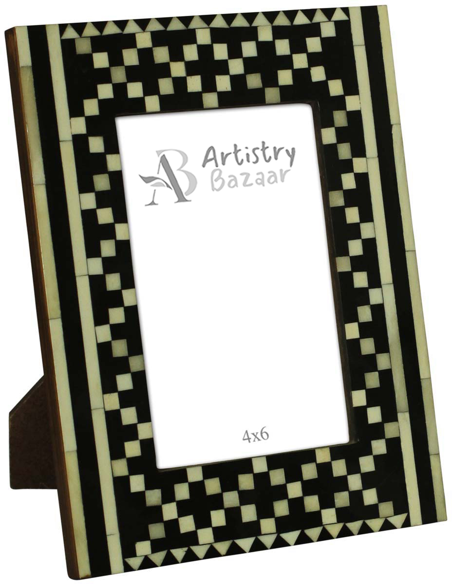 Bulk Source 4x6 Inches Picture Frame in Black & White Color - Wholesale Handmade Check Pattern Photo Frame in MDF & Natural Bone Inlay - Home Decor Picture Frames from India