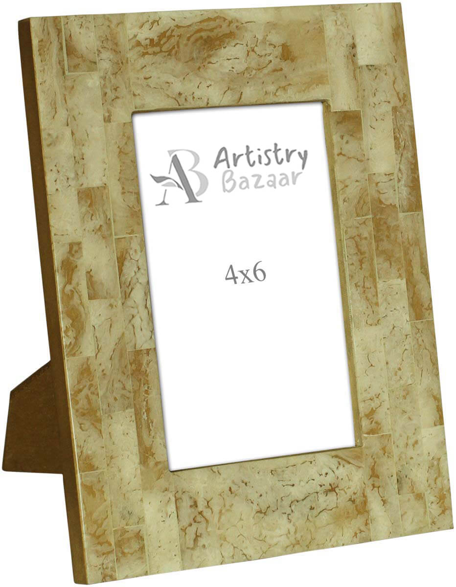 4 x 6” Handmade Picture Frame In Bulk - Bone & MDF Photo Frame - Beige & Light Brown Geometric Rectangular Tiles In Brick Pattern - Wholesale Home Decor Accessories & Gift Ideas