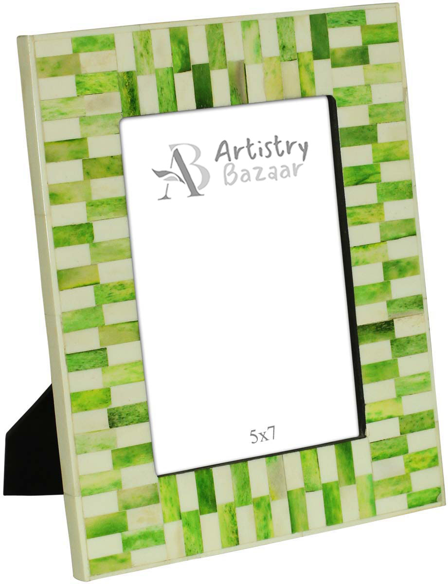 Source Handmade Green & White 5x7 Inches Picture Frame in Bulk - Source Handcrafted Photo Frame in MDF & Natural Bone - Home Decor Picture Frames from India