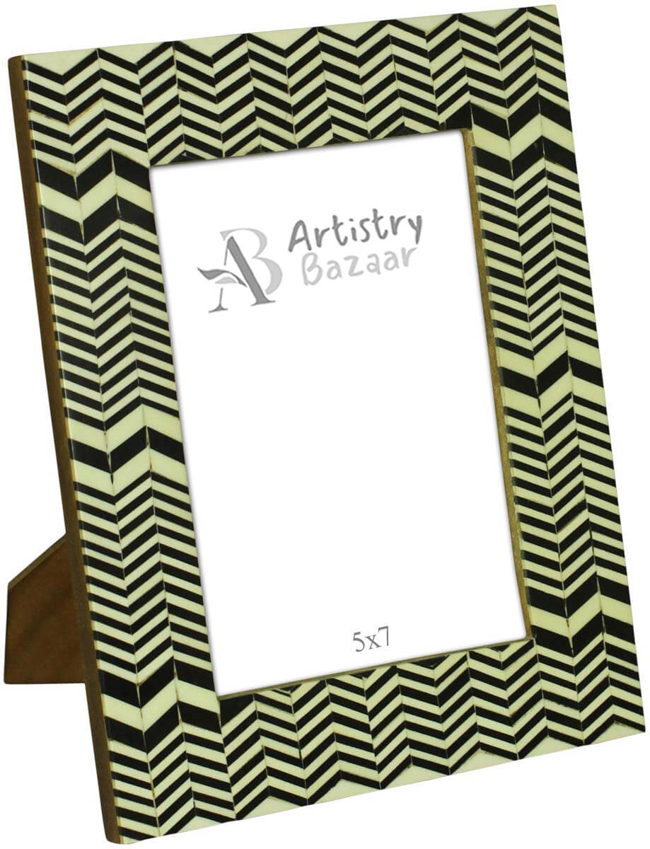 5 x 7” Handmade Chevron Pattern Picture Frame In Bulk - Black & White Colored Photo Frame - Resin & MDF - Wholesale Home Decor Accessories & Gift Ideas