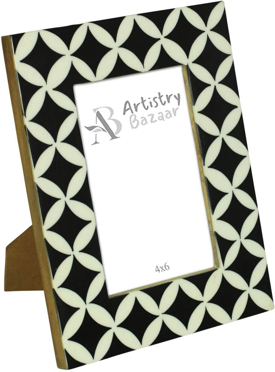 4 x 6” Handmade Picture Frame In Bulk - Black & White Colored Photo Frame White Symmetric Circular & Concave Square Patterns - MDF & Resin - Wholesale Home Decor Accessories & Gift Ideas