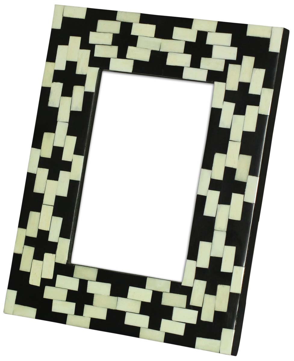 4 x 6” Handmade Picture Frame In Bulk - Black & White Colored Photo Frame with Cross Motifs & Brick Pattern - MDF & Bone - Wholesale Home Decor Accessories & Gift Ideas