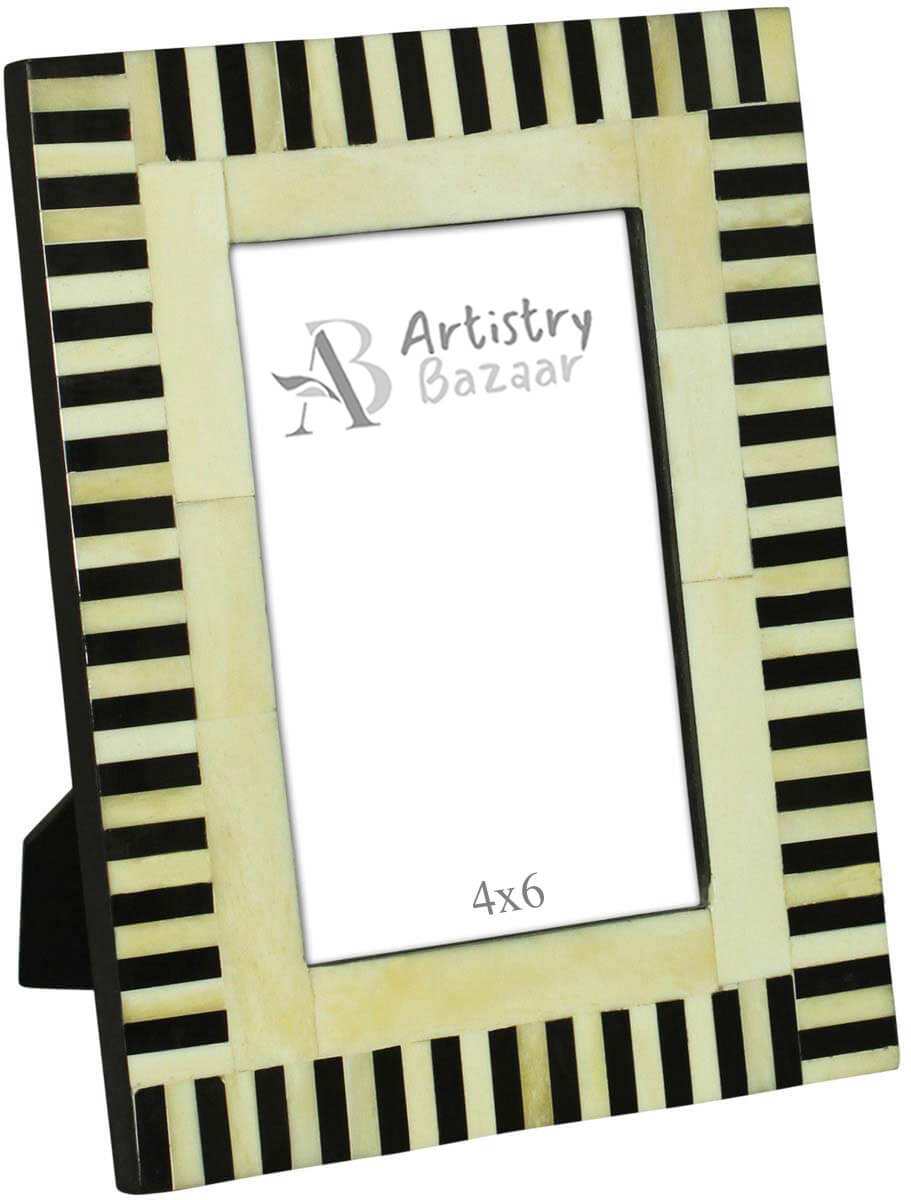 Wholesale 4x6” Handmade Photo/Picture Frame In Bulk - Black & White Thin Striped Pattern - Bone & MDF - Wholesale Home Decor Accessories & Gift Ideas