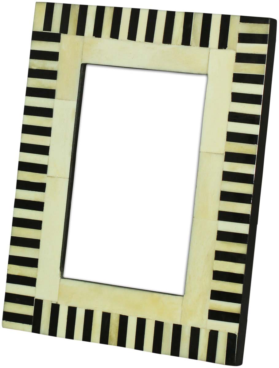 Wholesale 4x6” Handmade Photo/Picture Frame In Bulk - Black & White Thin Striped Pattern - Bone & MDF - Wholesale Home Decor Accessories & Gift Ideas