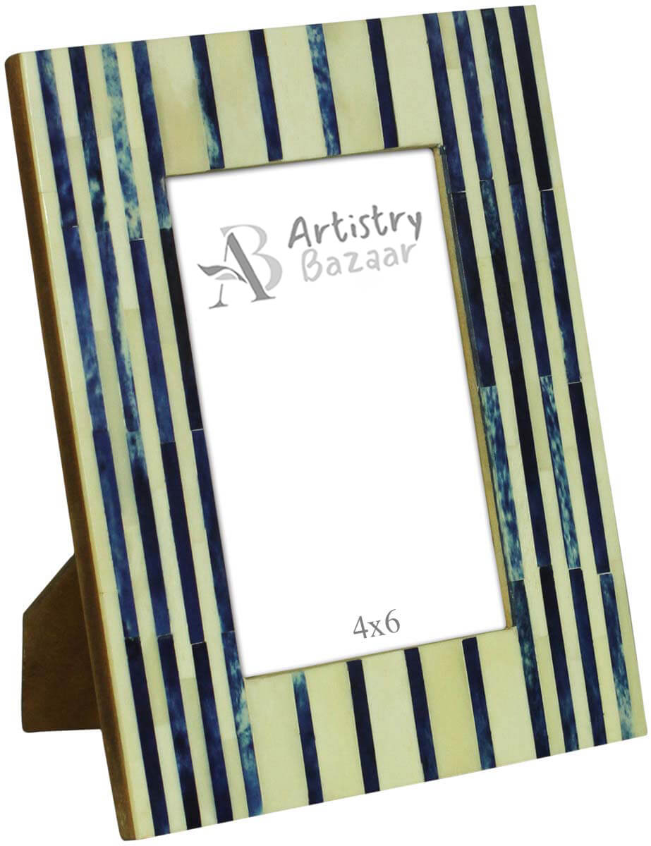 Wholesale 4x6” Handmade Photo/Picture Frame In Bulk - Blue Thin Striped Pattern - Bone & MDF - Source Home Decor Accessories & Gift Ideas