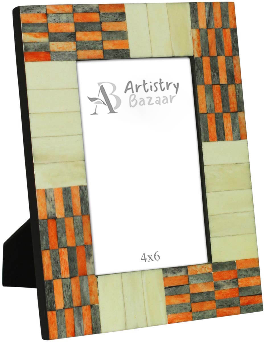 Wholesale Rectangular 4x6 Photo/Picture Frame in White, Orange & Gray with Brick Pattern - Bulk Buy Handmade MDF & Bone Photo Frame - Home Decor Picture Frame from India