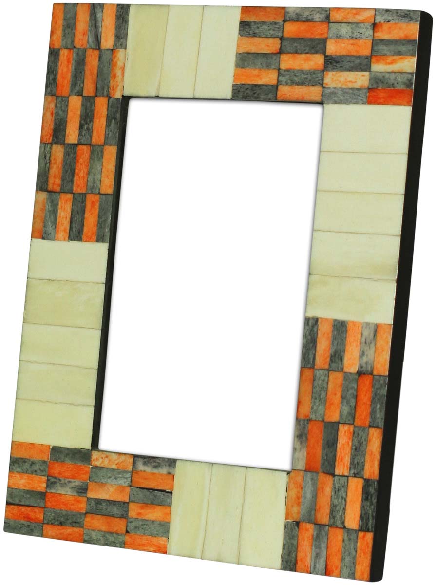 Wholesale Rectangular 4x6 Photo/Picture Frame in White, Orange & Gray with Brick Pattern - Bulk Buy Handmade MDF & Bone Photo Frame - Home Decor Picture Frame from India
