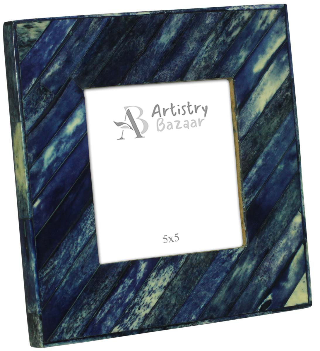 Blue 5x5” Picture Frame in Bulk - Wholesale Handmade Square Shaped Diagonal Striped Pattern Photo Frame in Mdf & Bone - Home Decor Picture Frames from India