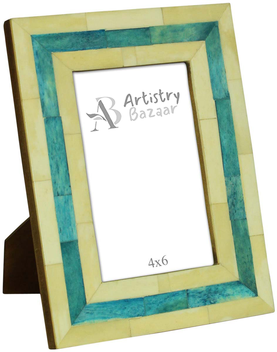 Bulk Buy 4x6 Inches Picture Frame in White & Turquoise - Wholesale Handmade Photo Frame in MDF & Bone - Home Decor Picture Frames from India