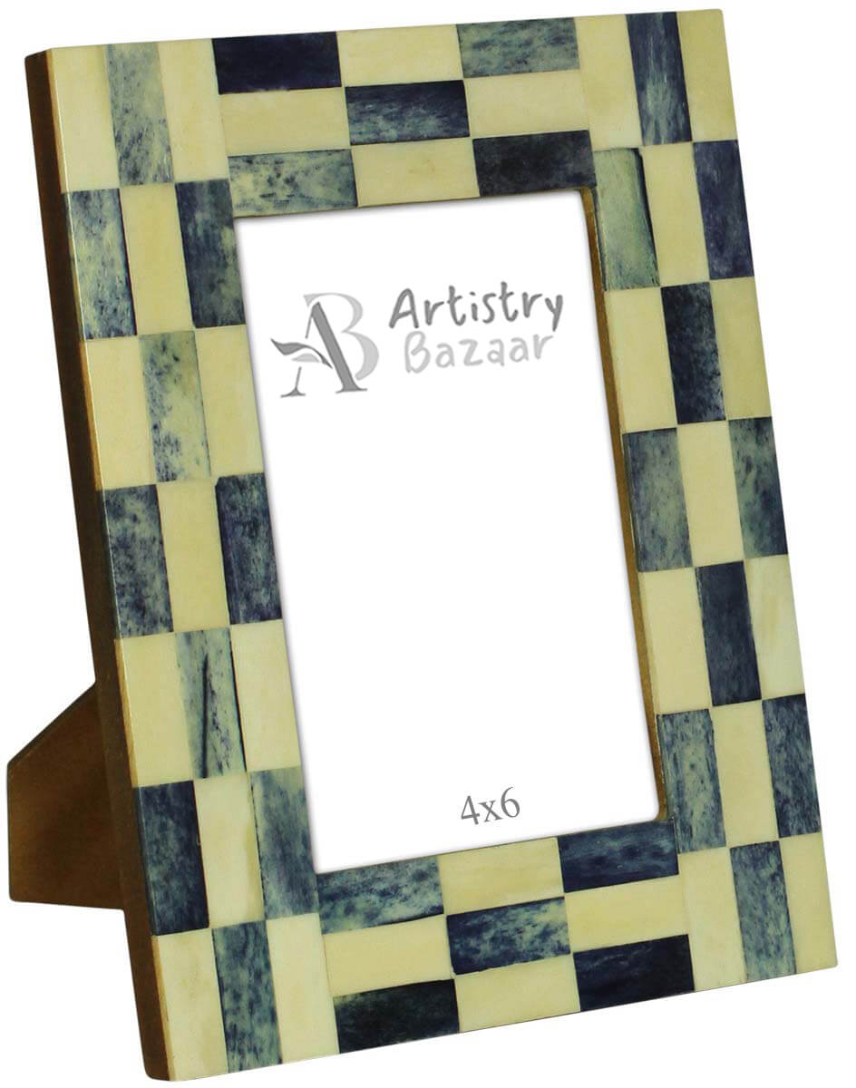 Wholesale Rectangular Blue & White Brick Pattern 4x6 Photo/Picture Frame in MDF & Natural Bone - Table-Top Accessories - Home Decor Picture Frame from India