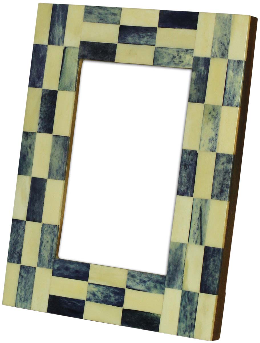Wholesale Rectangular Blue & White Brick Pattern 4x6 Photo/Picture Frame in MDF & Natural Bone - Table-Top Accessories - Home Decor Picture Frame from India