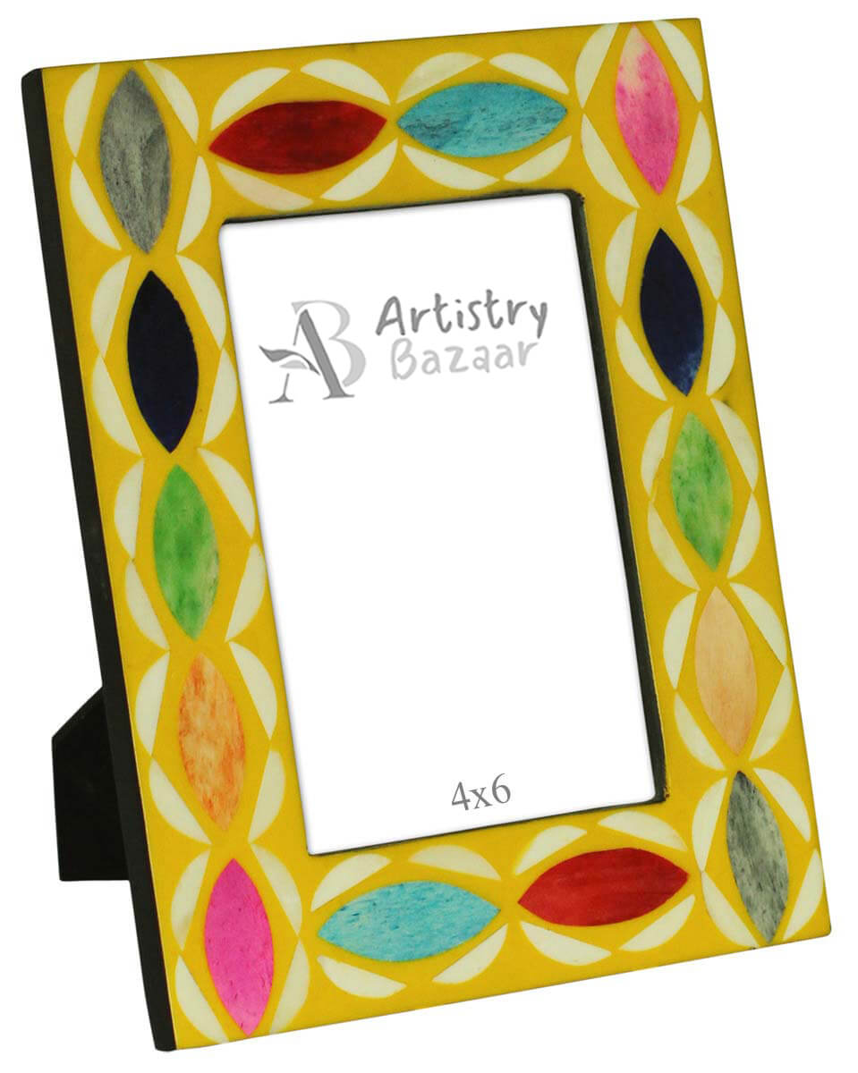 Buy 4x6 Inches Yellow Picture Frame in Bulk - Wholesale Handmade Multicolored Eye Shaped Motifs Photo Frame in MDF & Resin - Home & Office Decor from India