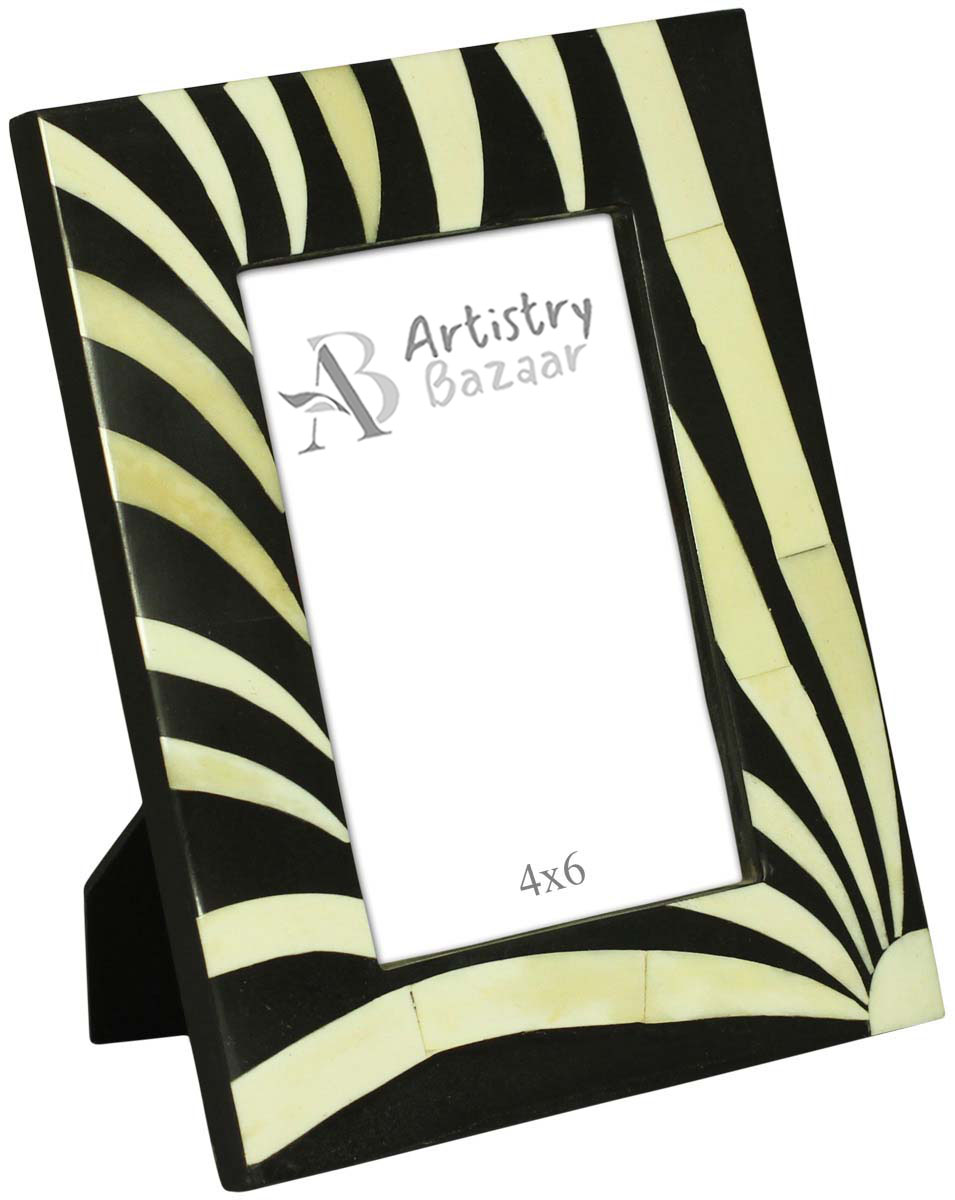 Bulk Buy 4x6 Inches Picture Frame in Black & White Curved Stripe Pattern - Wholesale Handmade Photo Frame in MDF & Bone - Home Decor Picture Frames from India