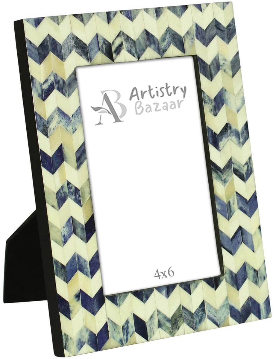 4 x 6” Handmade Chevron Pattern Picture Frame In Bulk - Blue & White Colored Photo Frame - Bone & MDF - Wholesale Home Decor Accessories & Gift Ideas