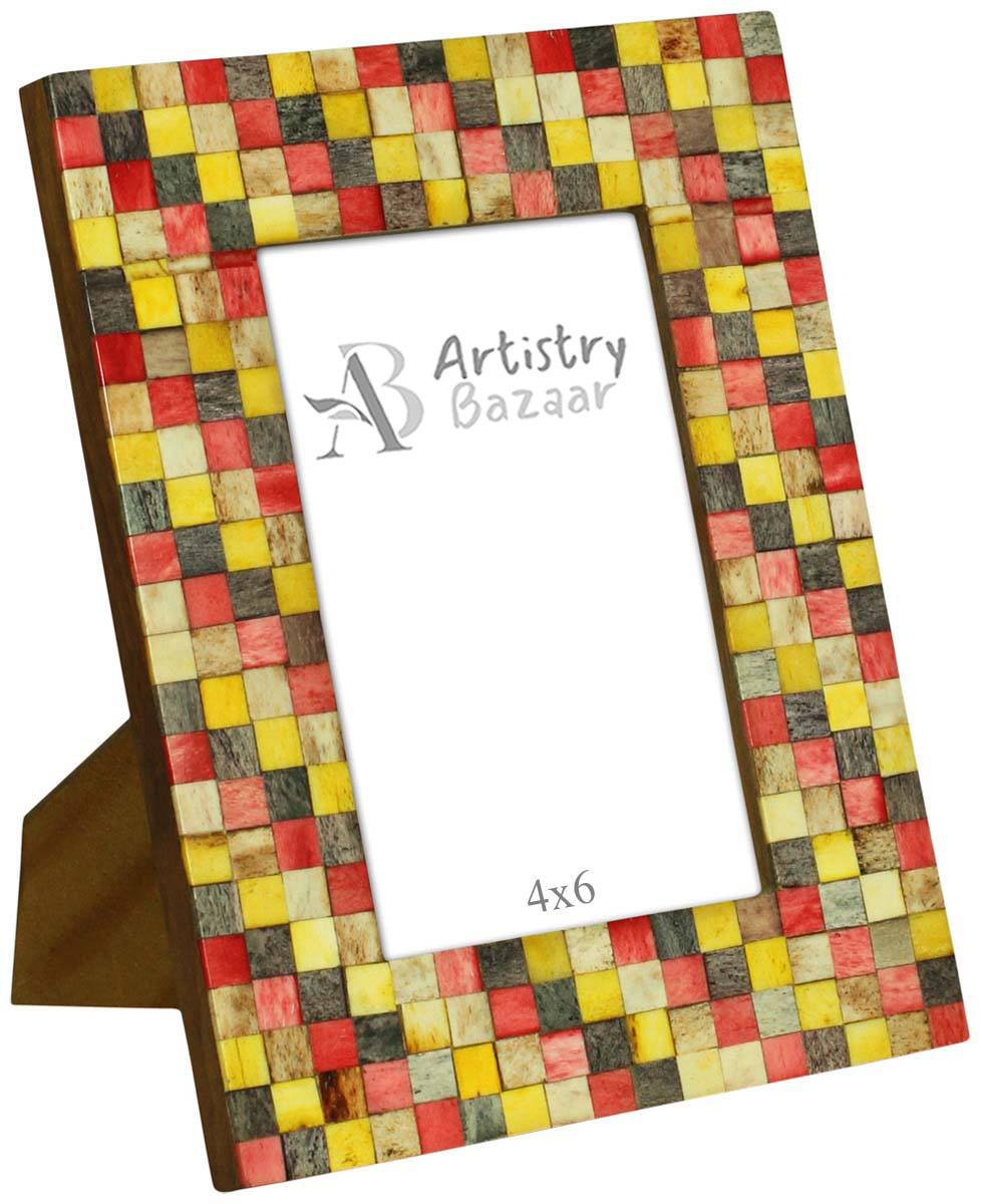 Bulk Buy 4x6 Inches Multicolored Picture Frame in Check Pattern - Wholesale Handmade Photo Frame in MDF & Bone - Home Decor Picture Frames from India