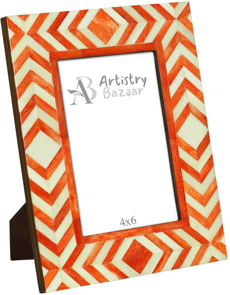 Rectangular Photo Frame in MDF & Bone – White & Orange Chevron Pattern – Table Décor   - Buy in Bulk Wholesale