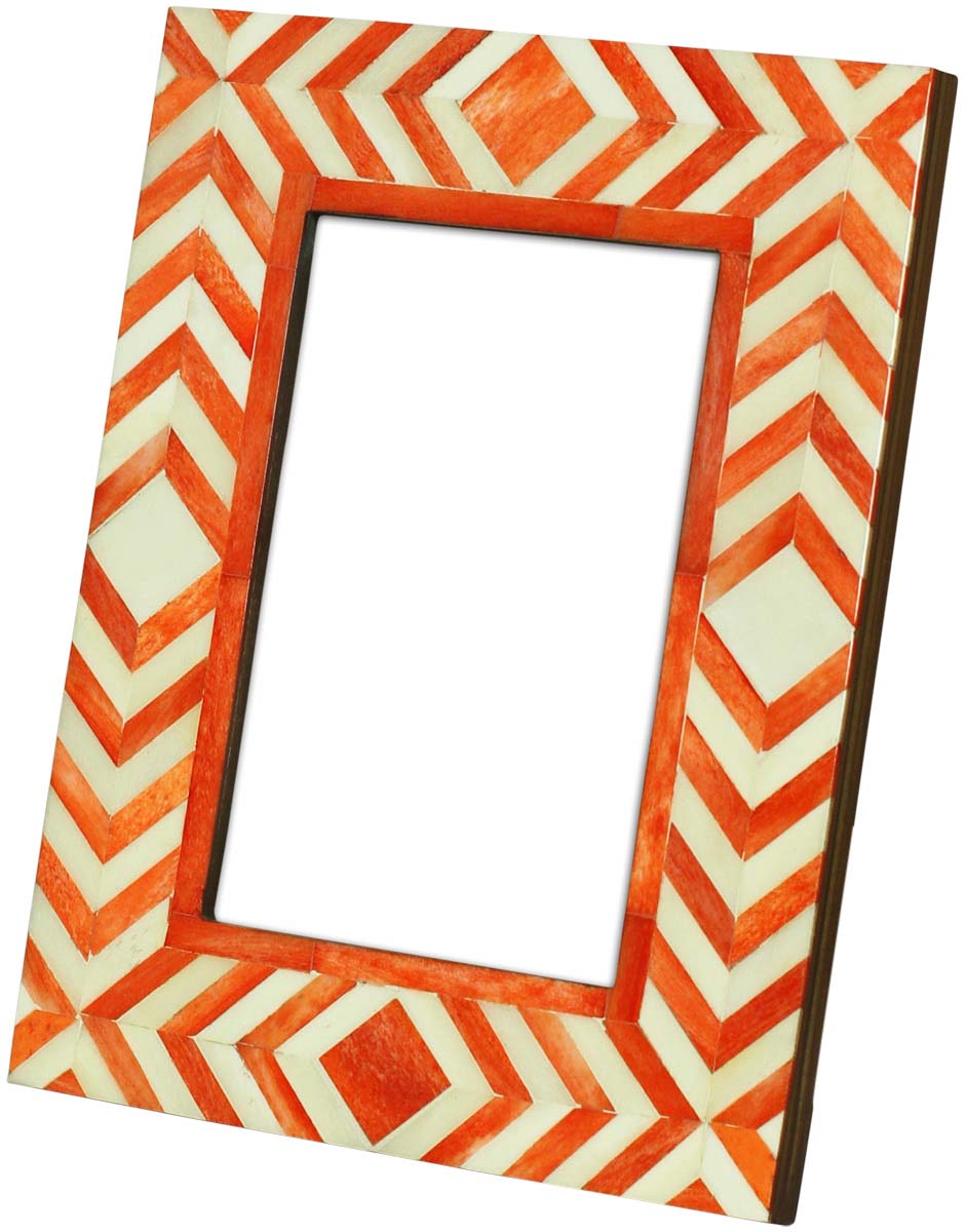Rectangular Photo Frame in MDF & Bone – White & Orange Chevron Pattern – Table Décor   - Buy in Bulk Wholesale