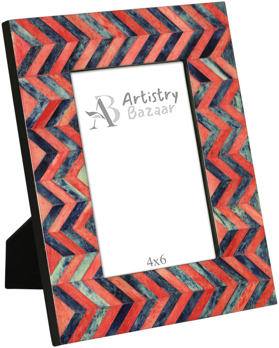 4 x 6” Handmade Chevron Pattern Picture Frame In Bulk - Gray & Pink Colored Photo Frame - Bone & MDF - Wholesale Home Decor Accessories & Gift Ideas