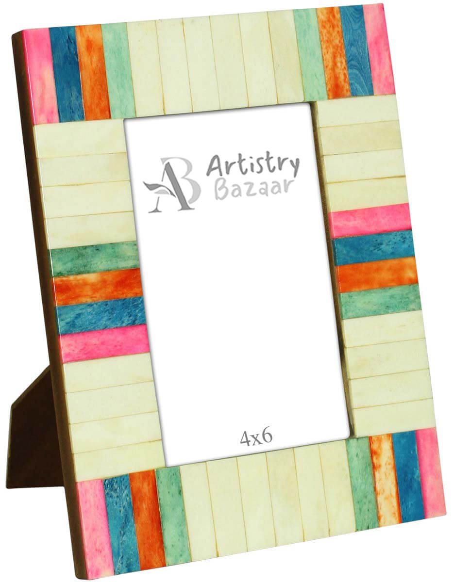 Wholesale 4 x 6” Handmade Photo/Picture Frame In Bulk - Multicolored Stripes - Bone & MDF - Wholesale Home Decor Accessories & Gift Ideas