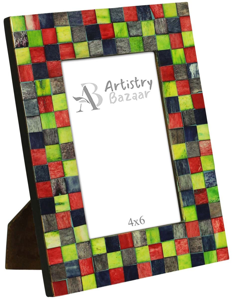Wholesale 4x6 Inches Red, Green & Gray Picture Frame in Check Pattern - Bulk Source Handmade Photo Frame in MDF & Bone - Home Decor Picture Frames from India