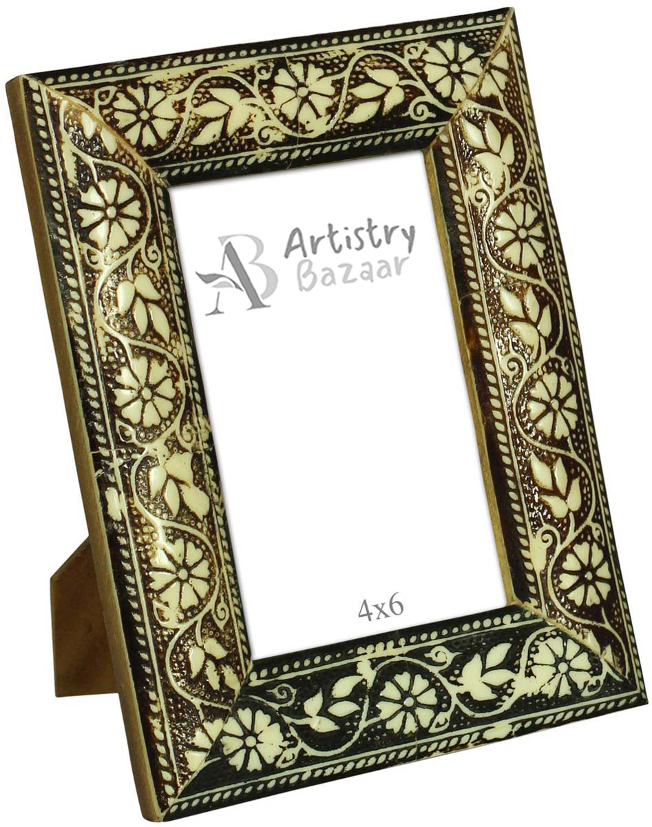 Buy 4x6 Inches Rectangular Picture Frame in Bulk - Wholesale Handmade Photo Frame in MDF & Resin - White Floral Motifs on Black Base - Home & Office Decor Picture Frames from India